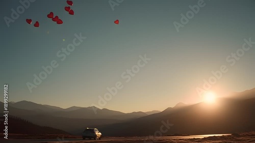 Dreamy cinematic romance with floating heart balloons and scenic travel background for valentines day celebration