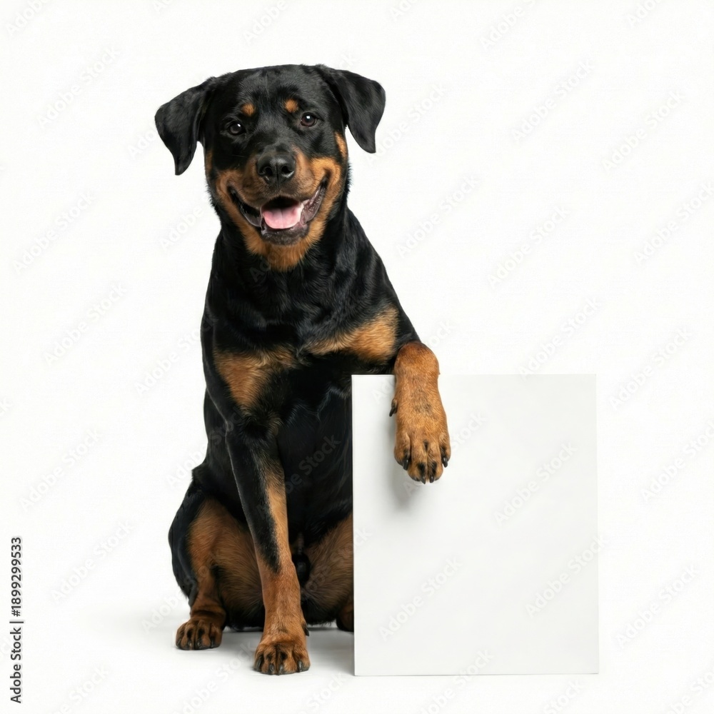 Fototapeta premium Rottweiler puppy sitting with paw on blank white sign for advertising or message, Isolated on white background