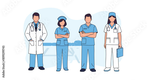 Team of diverse medical professionals including doctors and nurses standing together in front of examination bed background.