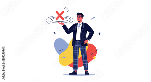 Businessman in formal wear presenting a floating red cross symbol suggesting rejection denial or incorrect choice.