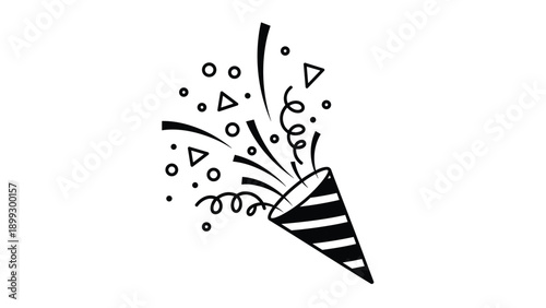 Minimalist black and white party popper with striped cone and exploding streamers for coloring books or simple logo design.