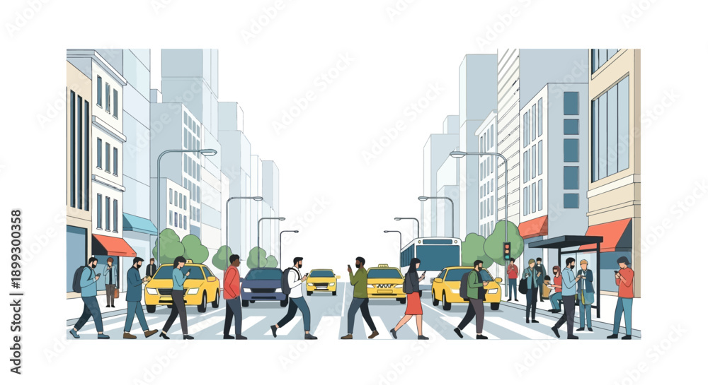 Obraz premium Busy City Street Scene with Pedestrians Crossing and Yellow Taxis