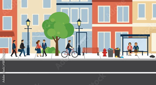 City Street Scene with Pedestrians, Cyclist, and Bus Stop