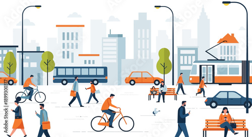 Urban cityscape with diverse people commuting, cycling, and relaxing in a modern city.