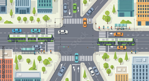 Busy City Intersection with Traffic and Public Transport, Aerial View