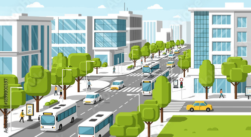 Flat Urban City Scene with Traffic, Buses, Cars, and Modern Buildings