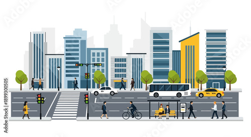 Modern Cityscape with People, Traffic, and Buildings - Urban Lifestyle Illustration