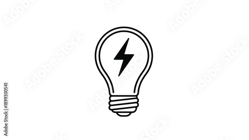 Simple black and white icon of a light bulb with a lightning bolt symbol inside representing energy and electrical power.
