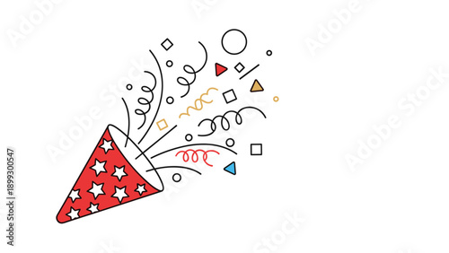 Red party popper cone with white stars exploding with colorful streamers and confetti for a patriotic or festive event.