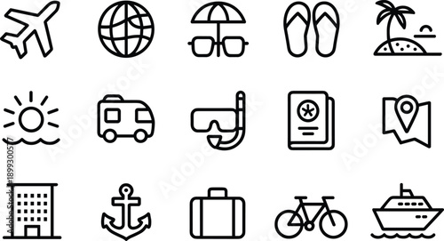 Set of travel line icons including airplane globe umbrella flip-flops palm tree sun