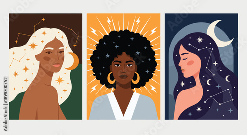 Three mystical women portraits with celestial moon stars constellation elements modern bohemian spiritual art