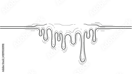 Minimalist black and white line drawing depicts a liquid substance melting and dripping down from a horizontal line on a white background.