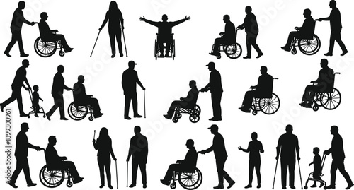 Disability support silhouettes, mobility aid icons, wheelchair users, caregivers, crutches, canes, inclusive design, accessibility graphics, black vector set, companion scenes