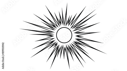 Abstract black and white line art illustration of a sun or a bright flash with long, sharp rays radiating from a central circle on white.