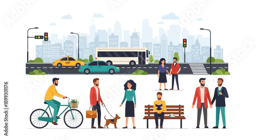 Urban lifestyle illustration: diverse people enjoying city life with transportation and recreation.