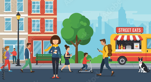 Diverse people walking on city street with food truck and buildings