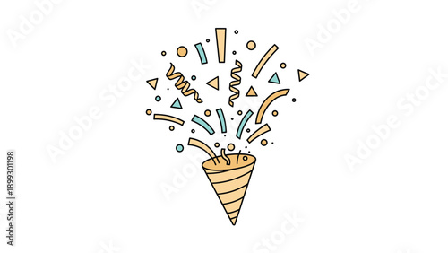 Decorative party popper in orange tones bursts with a variety of colorful streamers, dots, and triangles for a celebratory event.