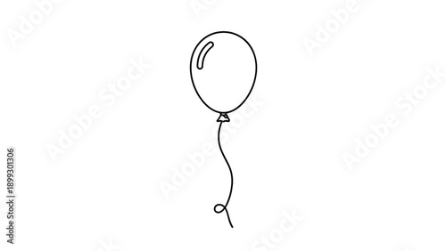 Simple black and white line art illustration of a single balloon floating on a string, representing parties and celebrations on white.