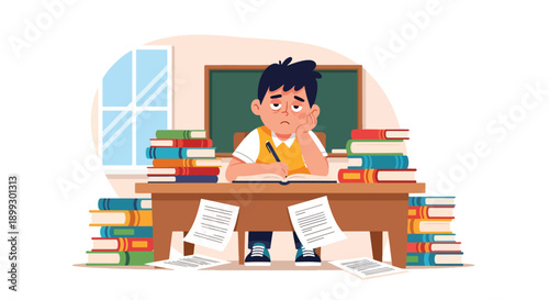 Tired elementary student sitting at desk surrounded by books and homework in classroom, showing academic pressure, learning fatigue, and school burnout in modern flat vector style