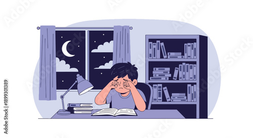 Young boy rubbing eyes while studying late at home with desk lamp and books, showing homework overload, sleep deprivation, and academic stress in flat vector illustration