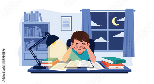 Young boy rubbing eyes while studying late at home with desk lamp and books, showing homework overload, sleep deprivation, and academic stress in flat vector illustration