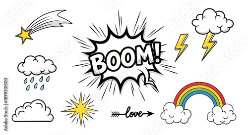 A collection of comic book style illustrations featuring weather phenomena, a shooting star, and the word 'BOOM!'.