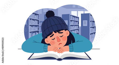 Sleepy student resting head on notebook in quiet library with bookshelves, showing study overload, academic fatigue, and learning burnout in modern flat vector style