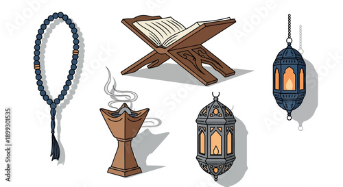 Islamic prayer beads tasbih Quran book and traditional hanging lanterns and incense burner on white background illustration
