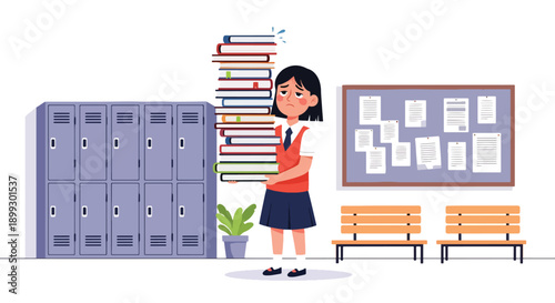 Stressed schoolgirl holding heavy stack of textbooks in school hallway, showing exam pressure, academic workload, and student burnout in modern flat vector style