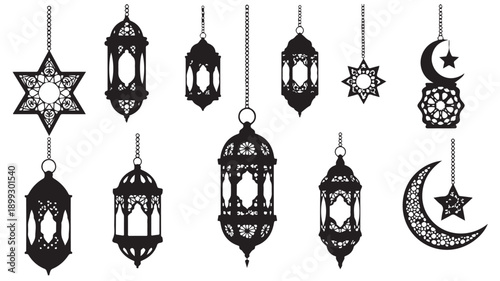 Collection of intricately designed islamic lanterns and ornaments hanging from chains against a white clean background