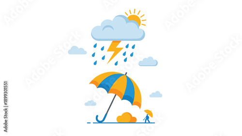Weather concept illustration features a storm cloud with lightning and rain above a colorful umbrella and a tiny person walking.