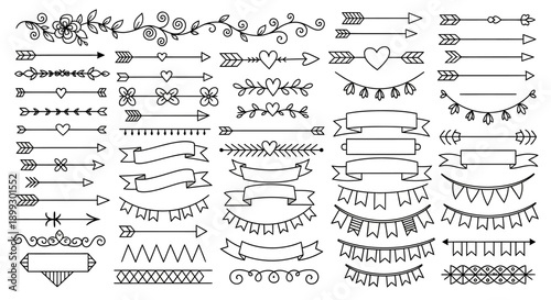 Collection of hand-drawn decorative elements including arrows, banners, hearts, and floral borders for journaling and design.