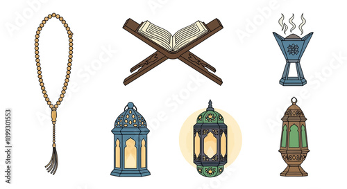Islamic decorative elements including prayer beads tasbih lanterns and incense burner on white background symbolizing spirituality and cultural heritage.