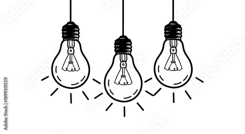 Three vintage incandescent light bulbs hanging from wires, emitting light rays.