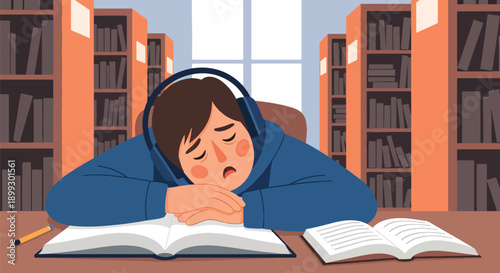 Sleepy student resting head on notebook in quiet library with bookshelves, showing study overload, academic fatigue, and learning burnout in modern flat vector style