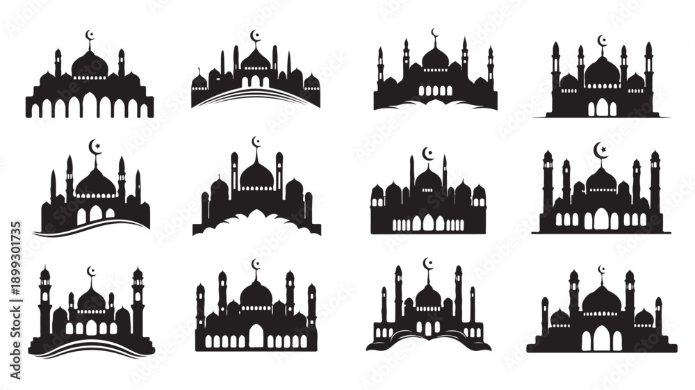 Obraz premium Collection of twelve black islamic mosque silhouettes with crescent moon symbol on white background for design purposes