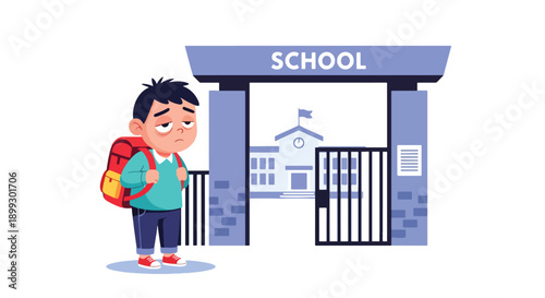 Child carrying overloaded backpack at school entrance, showing heavy academic workload, physical strain, and student burnout in modern flat vector illustration