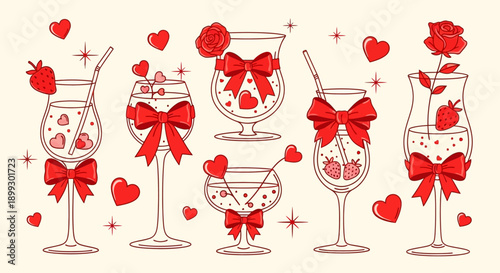 A collection of stylized Valentine's Day themed cocktails decorated with red bows and hearts, perfect for a romantic celebration.
