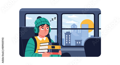 Sleepy student commuting on school bus holding books in early morning light, showing routine fatigue, academic pressure, and daily study burnout in modern flat vector style