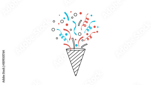 Minimalist party popper bursts with simple red and blue streamers and dots, providing a festive touch for any celebration on white.