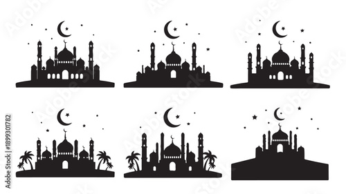 Collection of mosque silhouettes with crescent moon and stars for ramadan or eid celebration graphics designs
