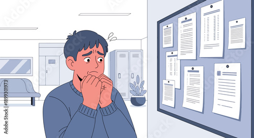 Anxious student checking exam results on school notice board, showing academic pressure, performance stress, and emotional burnout in modern flat vector illustration