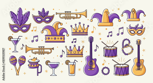A vibrant collection of Mardi Gras themed icons including masks, crowns, musical instruments, and drinks.