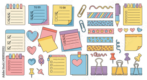 A collection of colorful stationery items including sticky notes, washi tape, paper clips, push pins, and binder clips, arranged in a flat lay style.