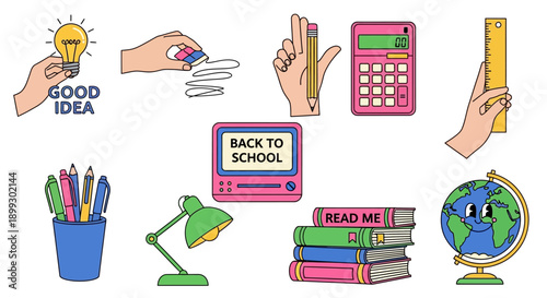 A collection of colorful, cartoon-style illustrations of school supplies and educational concepts, including a lightbulb, calculator, globe, and books.
