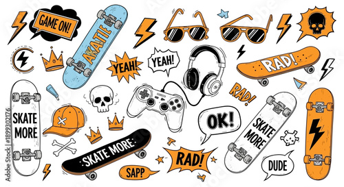 A vibrant collection of hand-drawn illustrations featuring skateboards, gaming controllers, sunglasses, and various comic-style speech bubbles and symbols, evoking a youthful and energetic vibe.