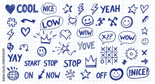 A collection of hand-drawn blue doodles on a grid paper background, featuring words, symbols, and emoticons.