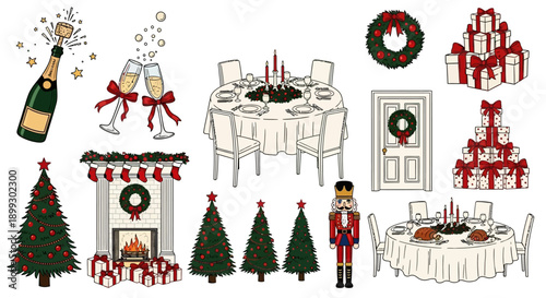A festive collection of Christmas-themed illustrations, including decorated trees, a fireplace, a dining table, champagne, and a nutcracker.