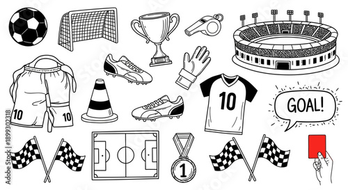 A collection of hand-drawn illustrations representing various elements associated with the sport of soccer, including equipment, a stadium, and game-related items.
