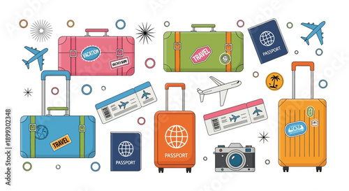 A vibrant collection of travel essentials including suitcases, passports, boarding passes, and airplanes, set against a white background.